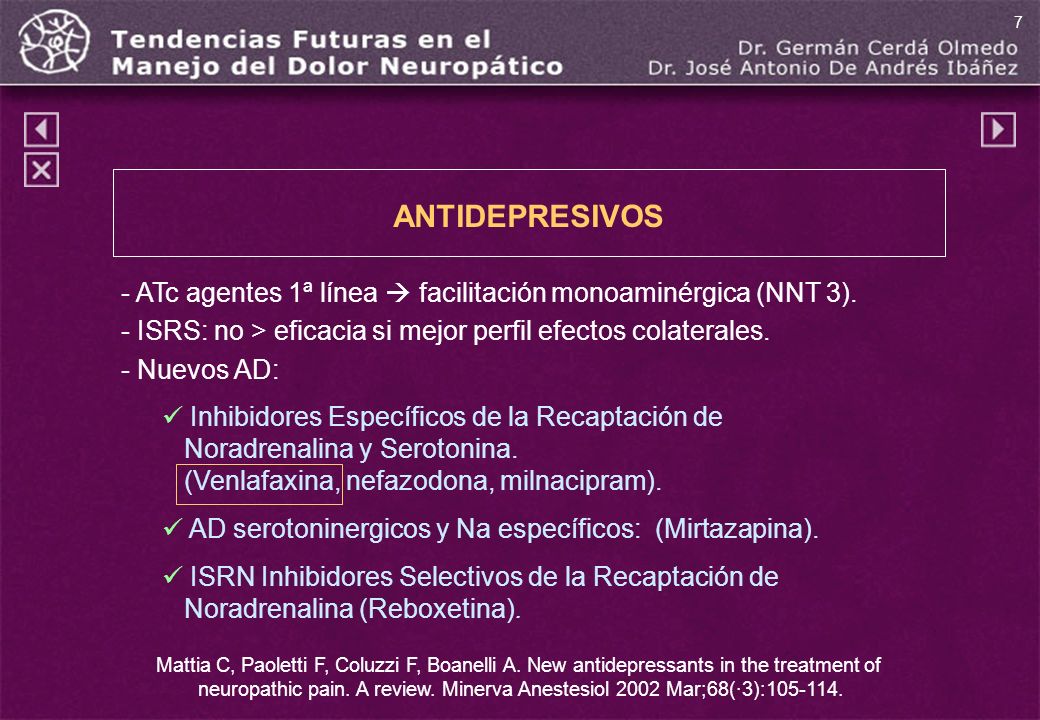 7 ANTIDEPRESIVOS. - ATc agentes 1ª línea  facilitación monoaminérgica (NNT 3). - ISRS: no > eficacia si mejor perfil efectos colaterales.