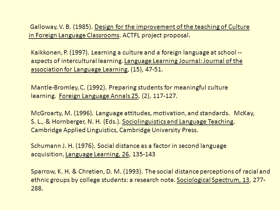 Galloway, V. B. (1985). Design for the improvement of the teaching of Culture in Foreign Language Classrooms. ACTFL project proposal.