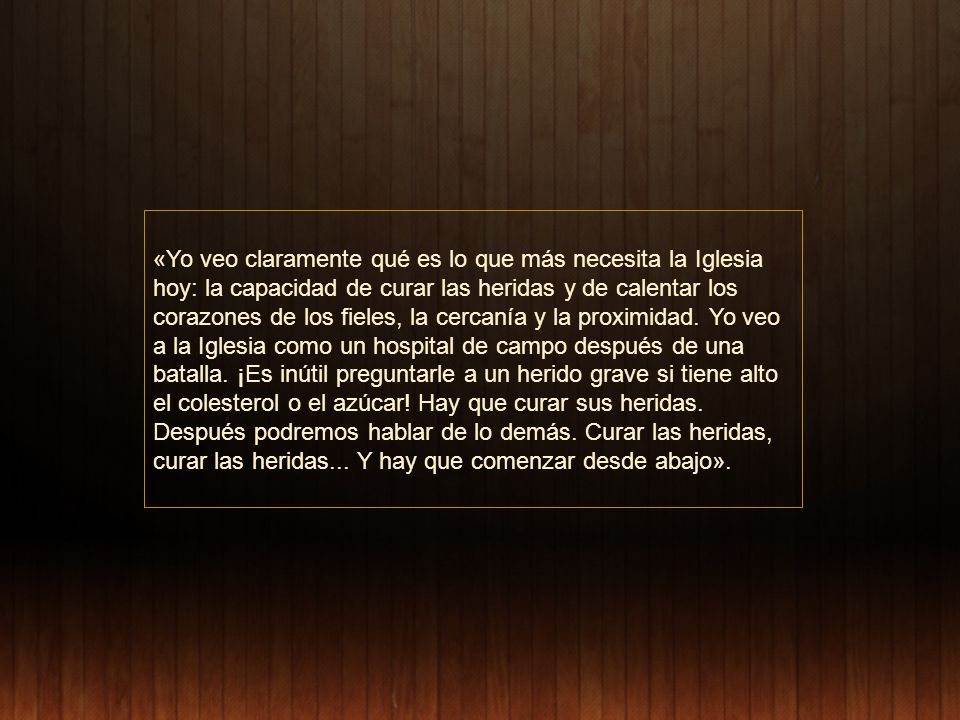 «Yo veo claramente qué es lo que más necesita la Iglesia hoy: la capacidad de curar las heridas y de calentar los corazones de los fieles, la cercanía y la proximidad.