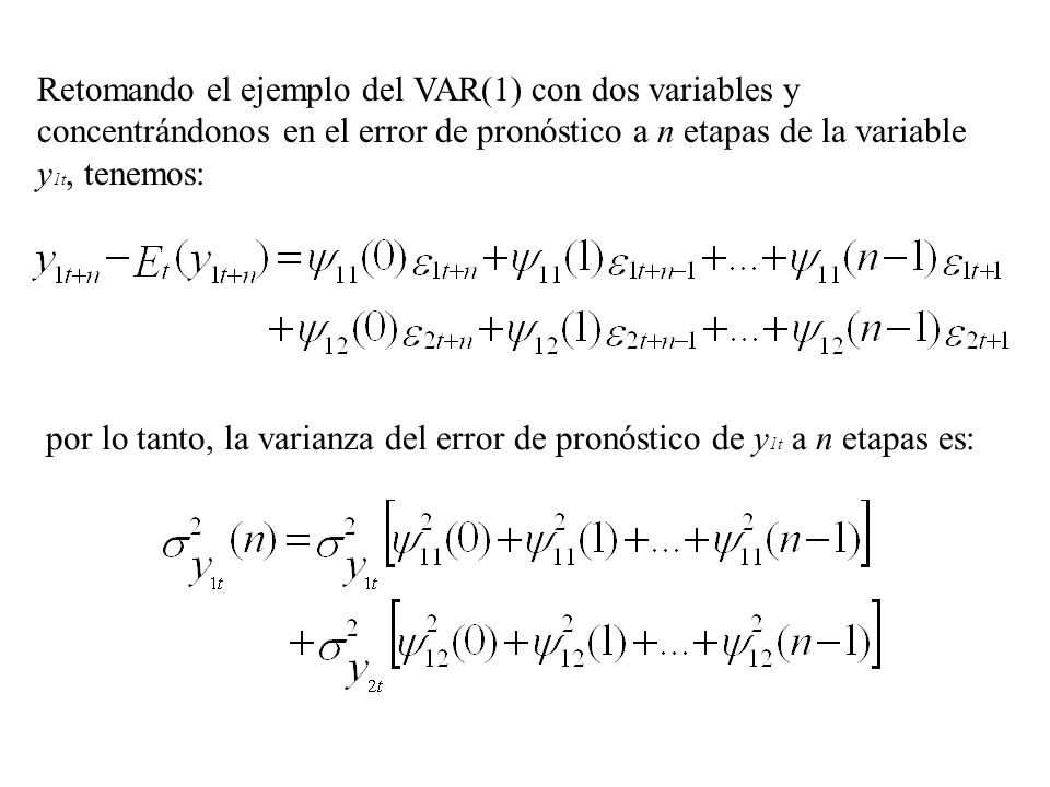 Retomando el ejemplo del VAR(1) con dos variables y concentrándonos en el error de pronóstico a n etapas de la variable y1t, tenemos: