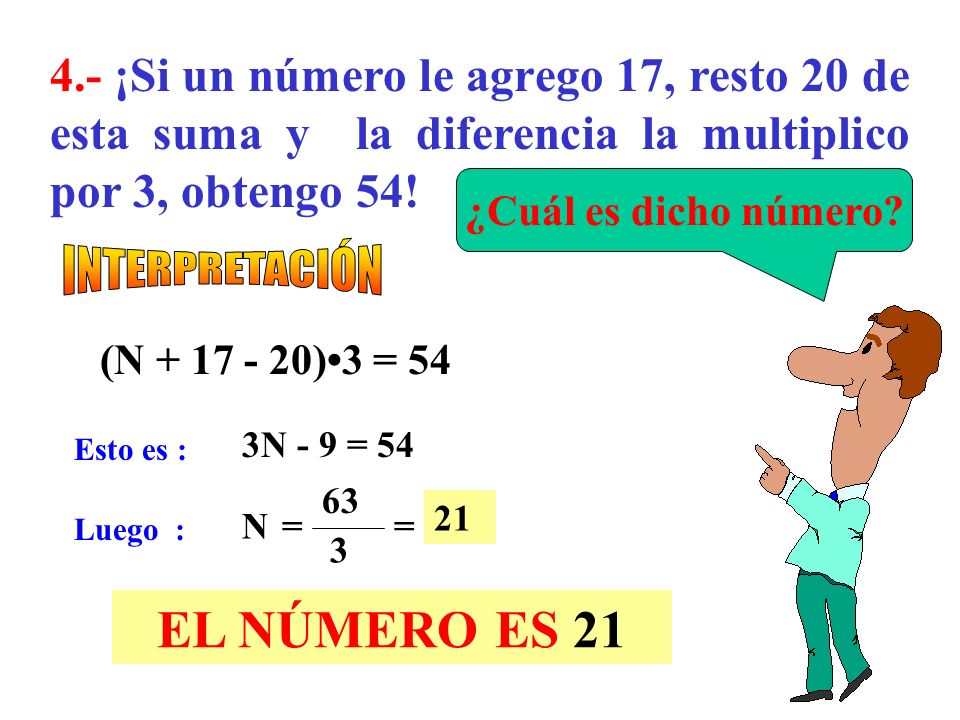 4.- ¡Si un número le agrego 17, resto 20 de esta suma y la diferencia la multiplico por 3, obtengo 54!