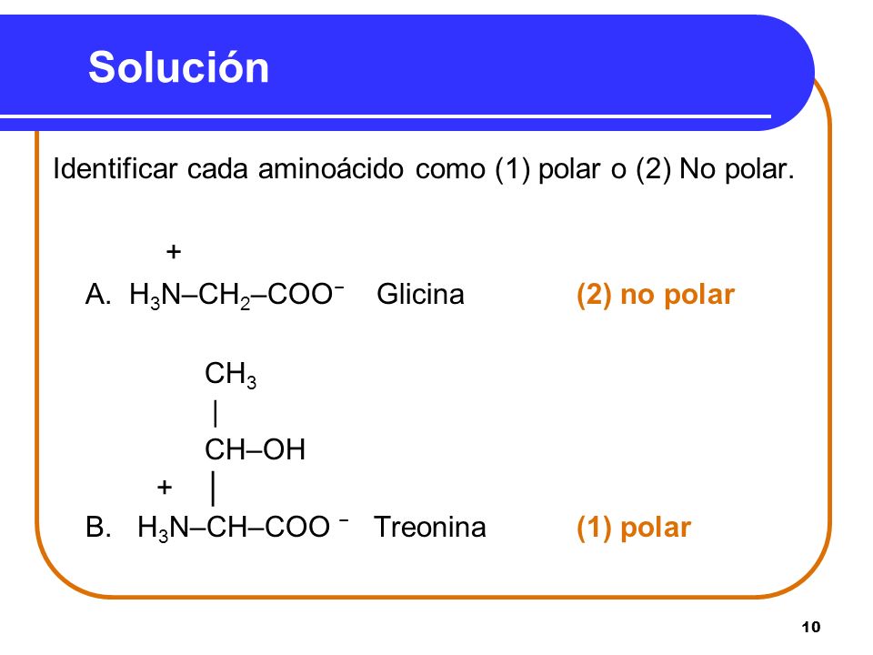 Solución Identificar cada aminoácido como (1) polar o (2) No polar. +