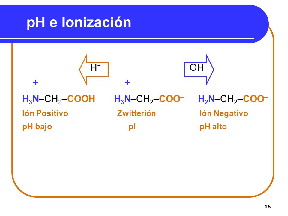 pH e Ionización H+ OH– + + H3N–CH2–COOH H3N–CH2–COO– H2N–CH2–COO–