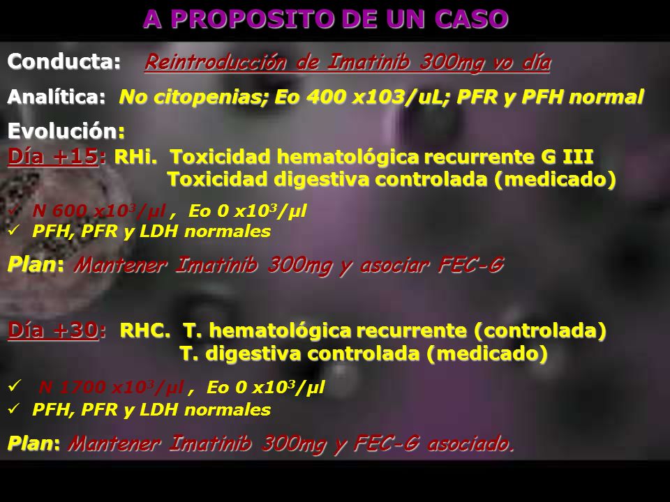 A PROPOSITO DE UN CASO Conducta: Reintroducción de Imatinib 300mg vo día. Analítica: No citopenias; Eo 400 x103/uL; PFR y PFH normal.