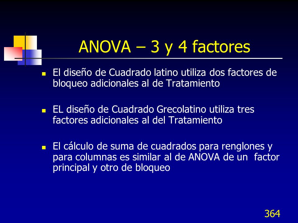 ANOVA – 3 y 4 factores El diseño de Cuadrado latino utiliza dos factores de bloqueo adicionales al de Tratamiento.