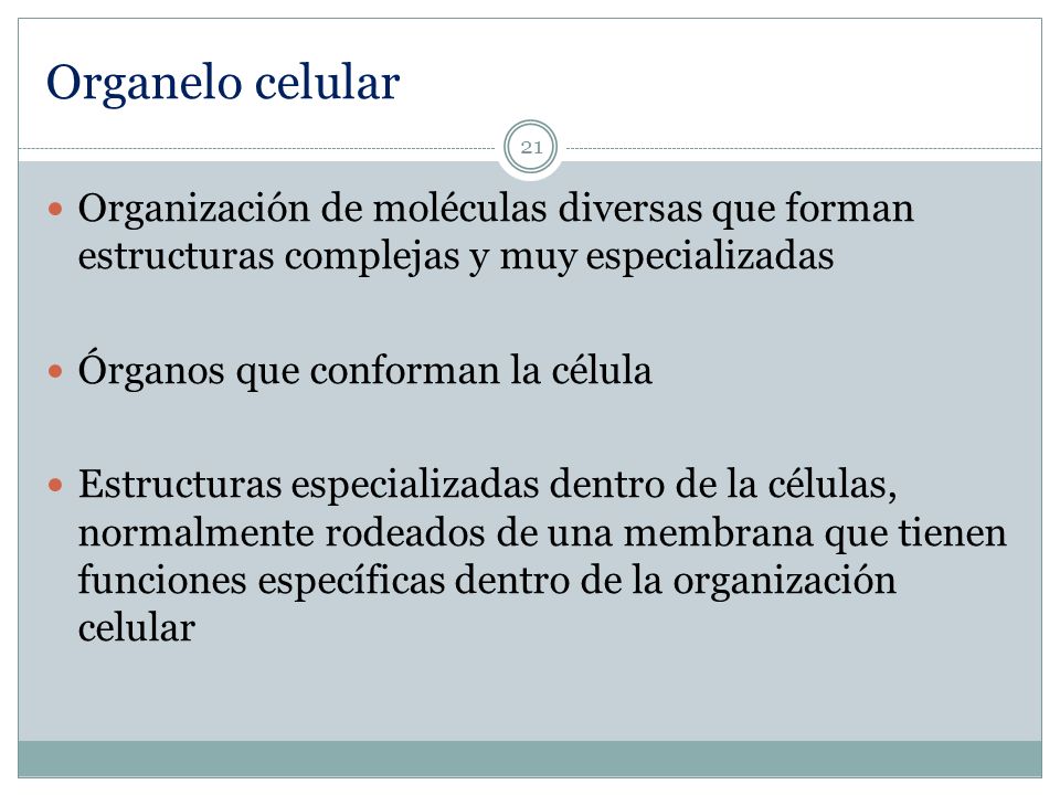Organelo celular Organización de moléculas diversas que forman estructuras complejas y muy especializadas.