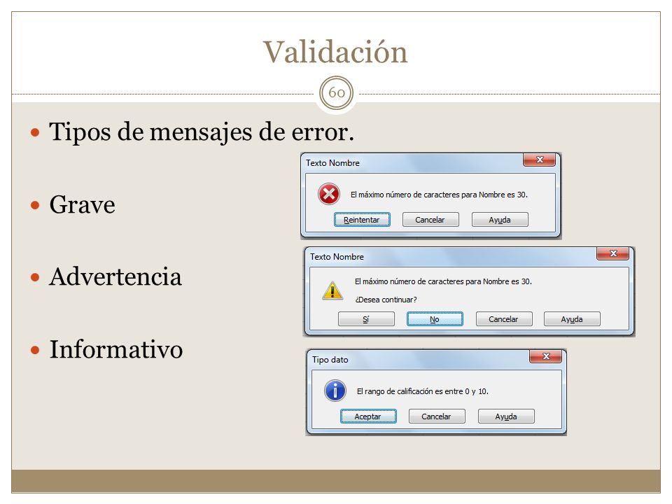 Validación Tipos de mensajes de error. Grave Advertencia Informativo