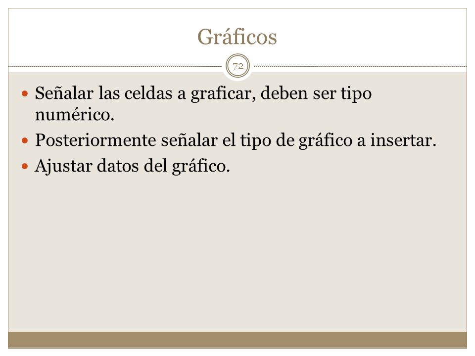 Gráficos Señalar las celdas a graficar, deben ser tipo numérico.