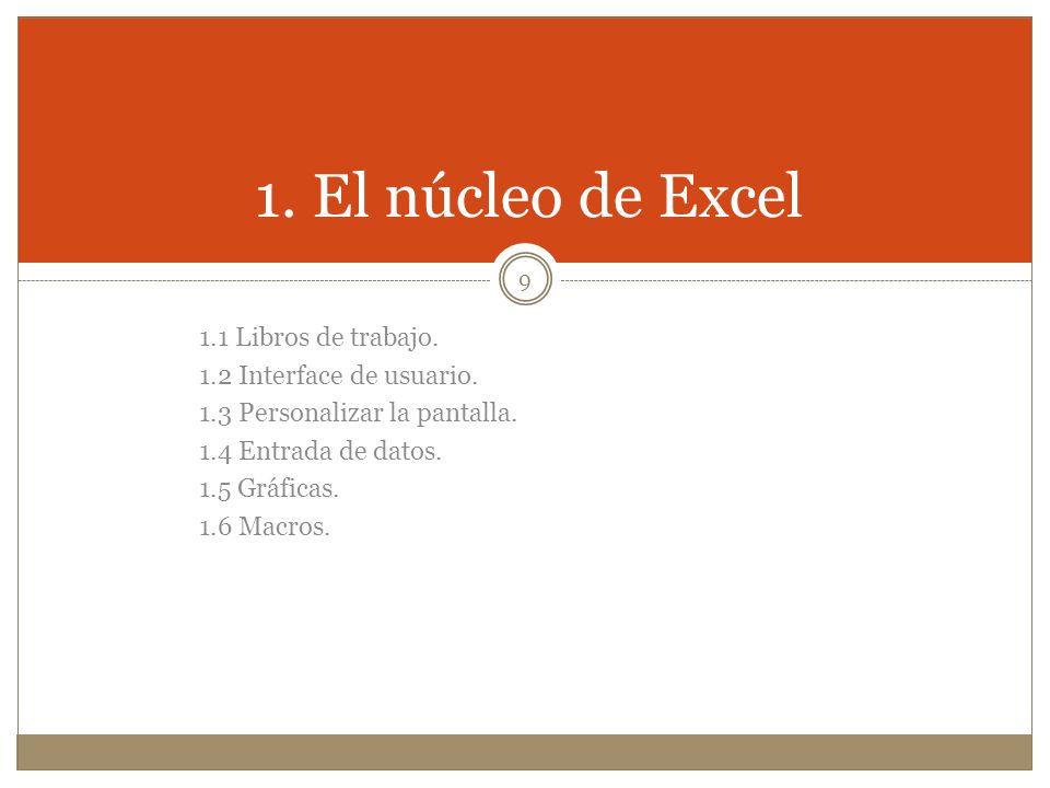 1. El núcleo de Excel 1.1 Libros de trabajo. 1.2 Interface de usuario.