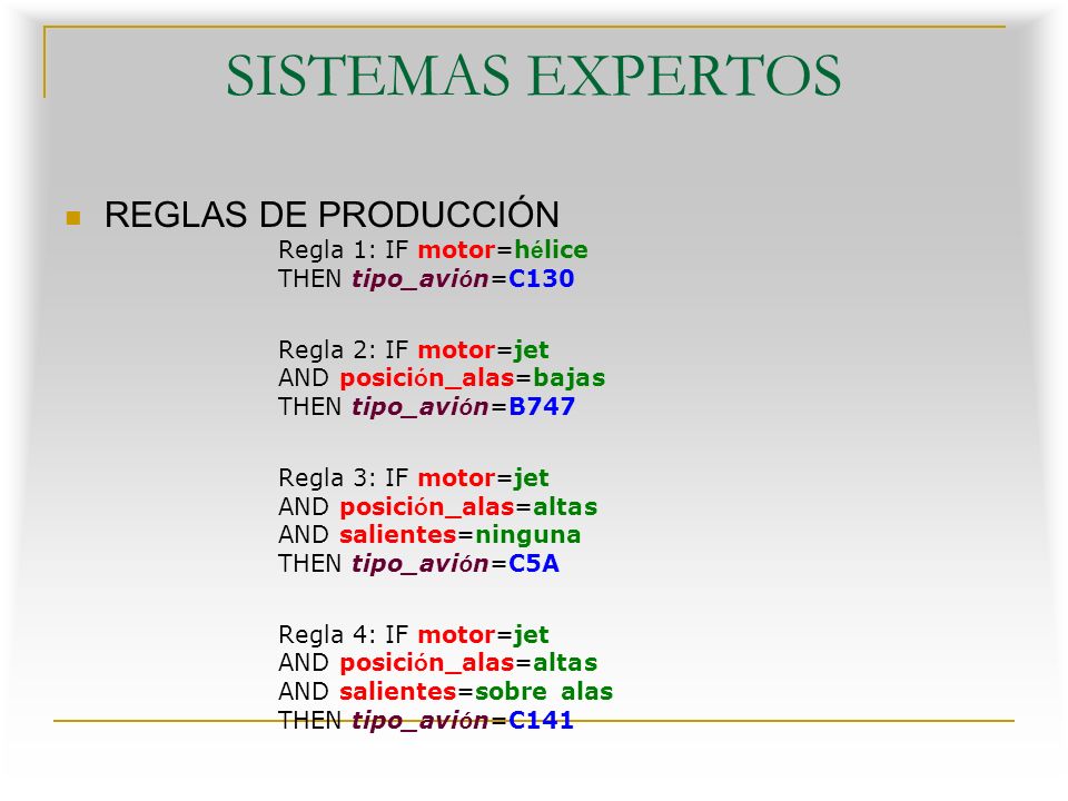 SISTEMAS EXPERTOS REGLAS DE PRODUCCIÓN Regla 1: IF motor=hélice