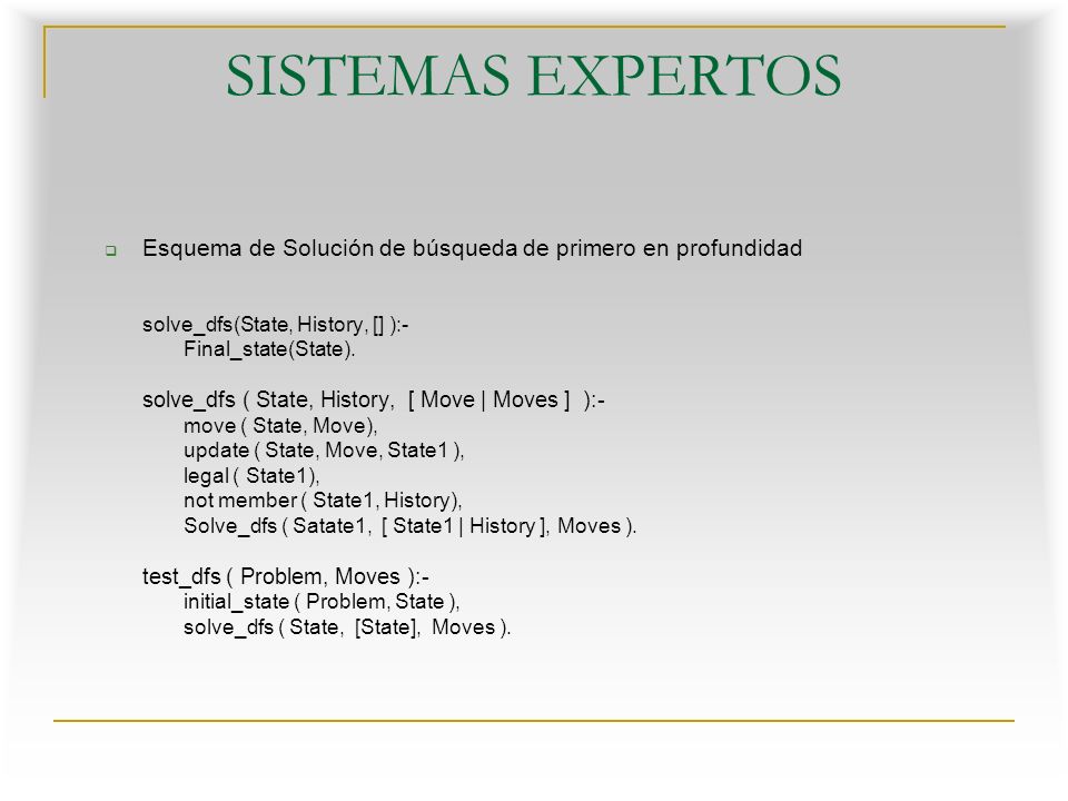 SISTEMAS EXPERTOS Esquema de Solución de búsqueda de primero en profundidad. solve_dfs(State, History, [] ):-