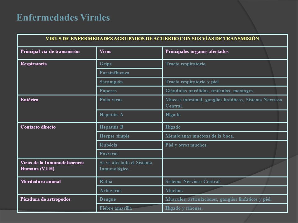 VIRUS DE ENFERMEDADES AGRUPADOS DE ACUERDO CON SUS VÍAS DE TRANSMISIÓN