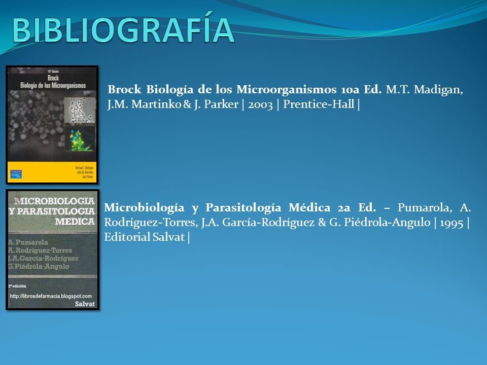 BIBLIOGRAFÍA Brock Biología de los Microorganismos 10a Ed. M.T. Madigan, J.M. Martinko & J. Parker | 2003 | Prentice-Hall |