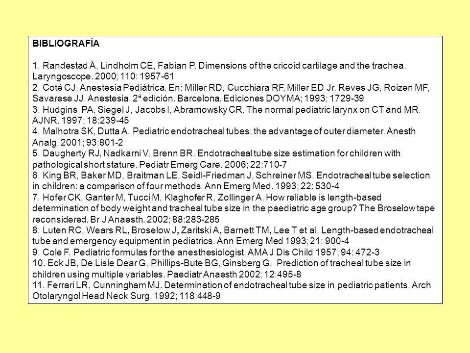 BIBLIOGRAFÍA 1. Randestad Å, Lindholm CE, Fabian P. Dimensions of the cricoid cartilage and the trachea. Laryngoscope. 2000; 110: