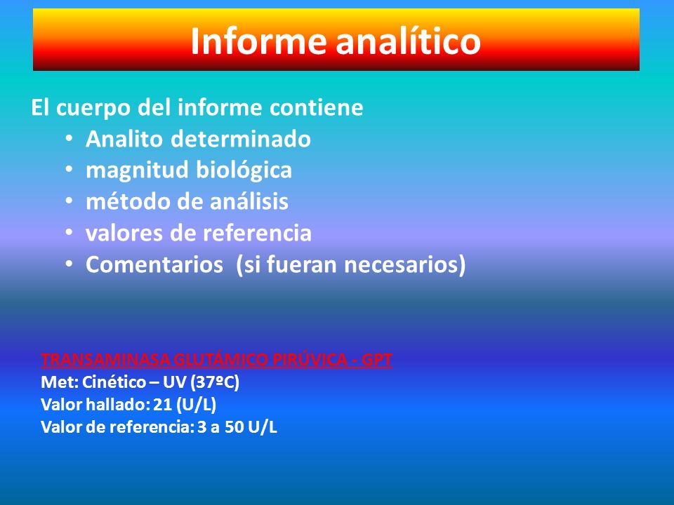 Informe analítico El cuerpo del informe contiene Analito determinado