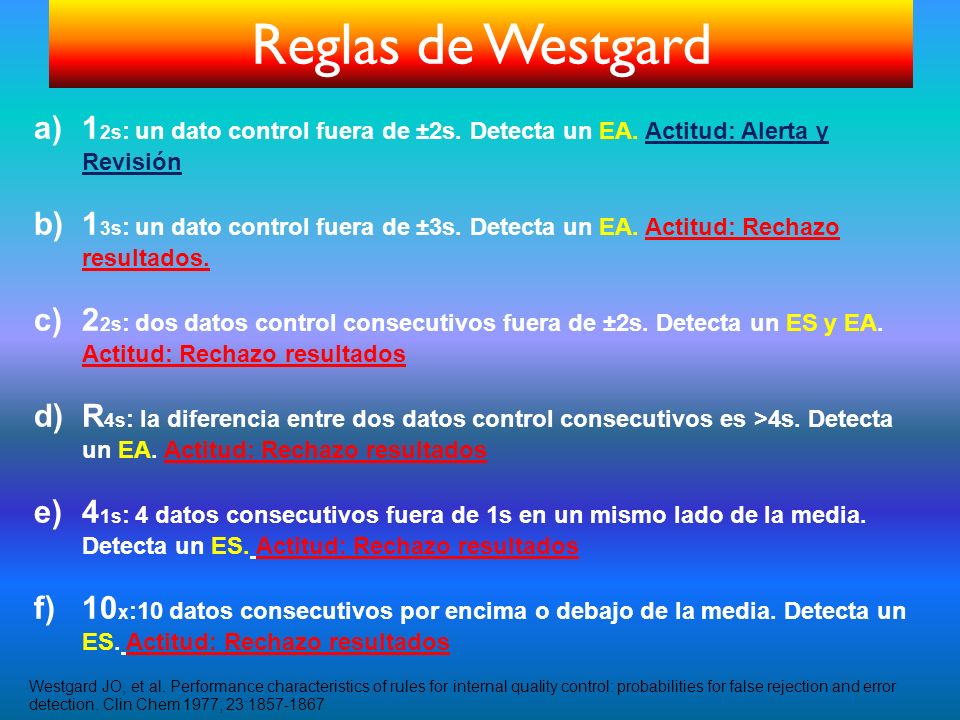 Reglas de Westgard 12s: un dato control fuera de ±2s. Detecta un EA. Actitud: Alerta y Revisión.