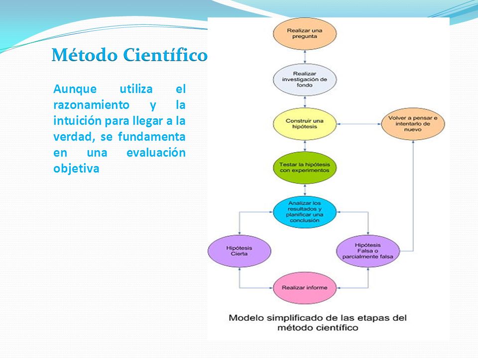 Método Científico Aunque utiliza el razonamiento y la intuición para llegar a la verdad, se fundamenta en una evaluación objetiva.