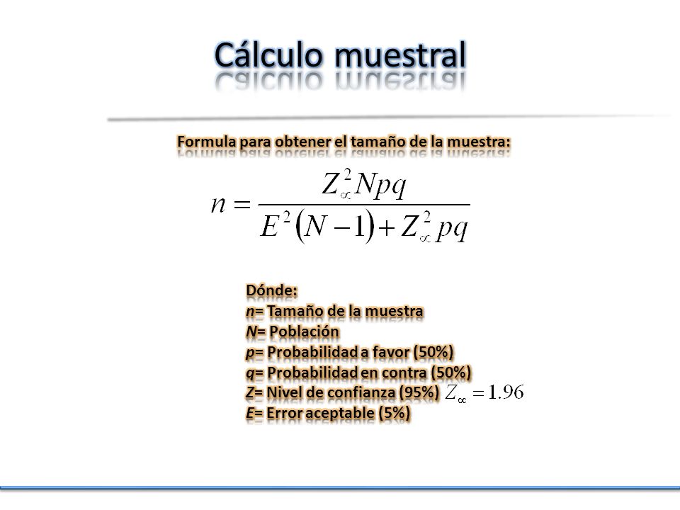 Cálculo muestral Formula para obtener el tamaño de la muestra: Dónde:
