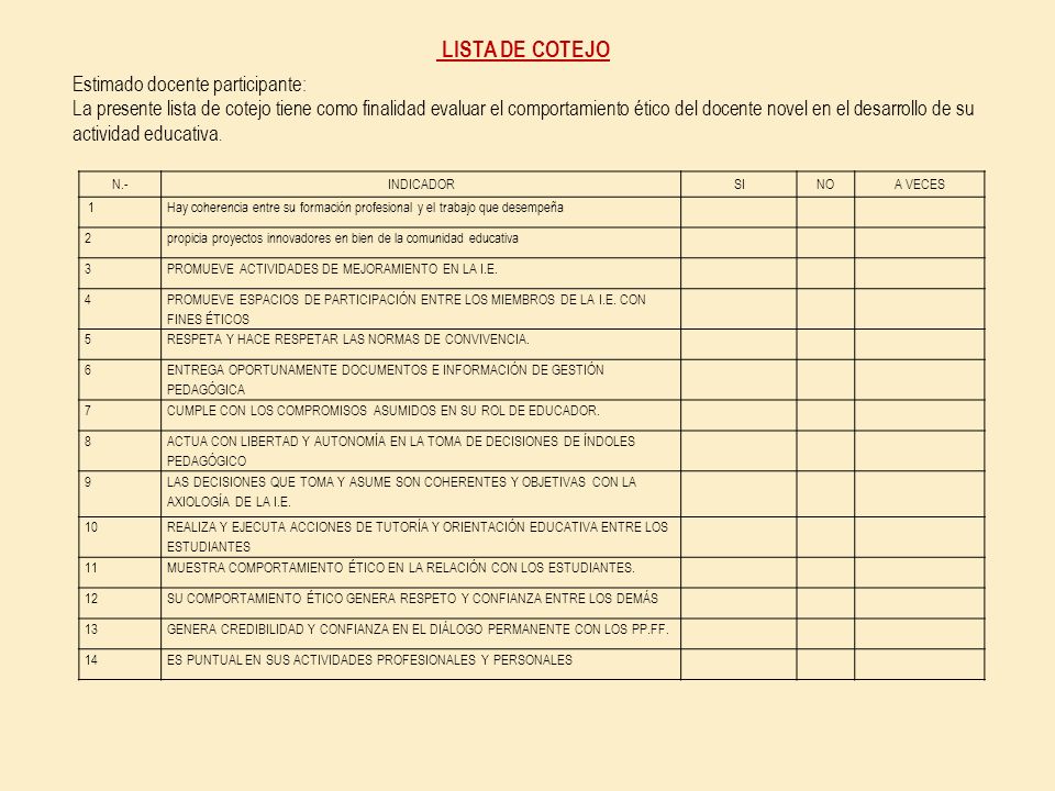 LISTA DE COTEJO Estimado docente participante:
