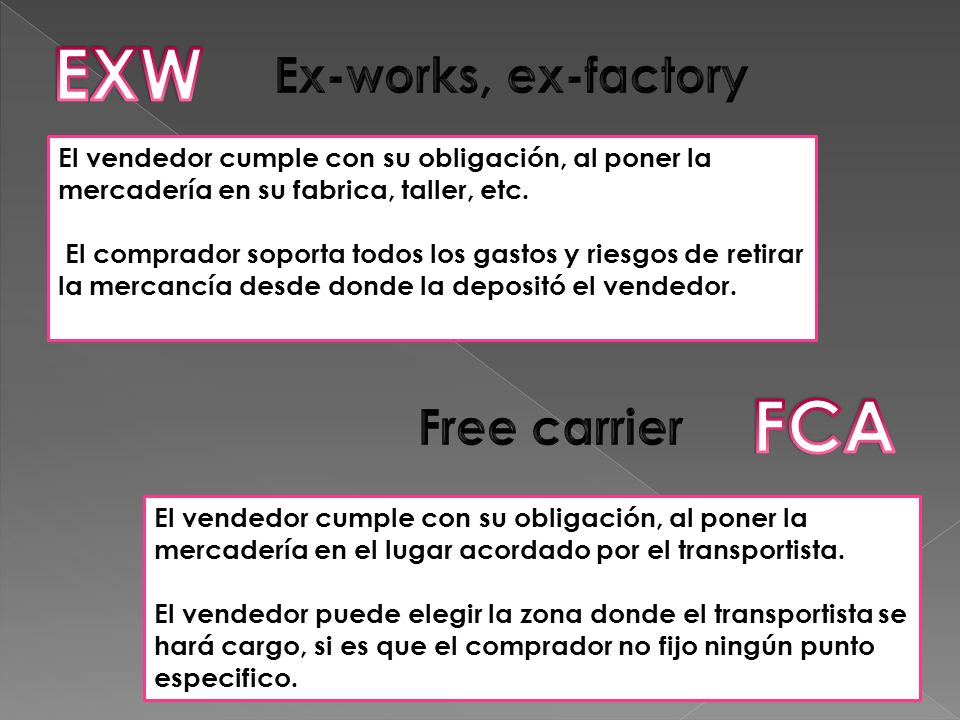 EXW FCA Ex-works, ex-factory Free carrier