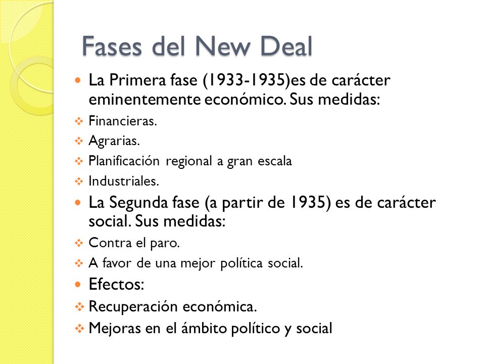 Fases del New Deal La Primera fase ( )es de carácter eminentemente económico. Sus medidas: