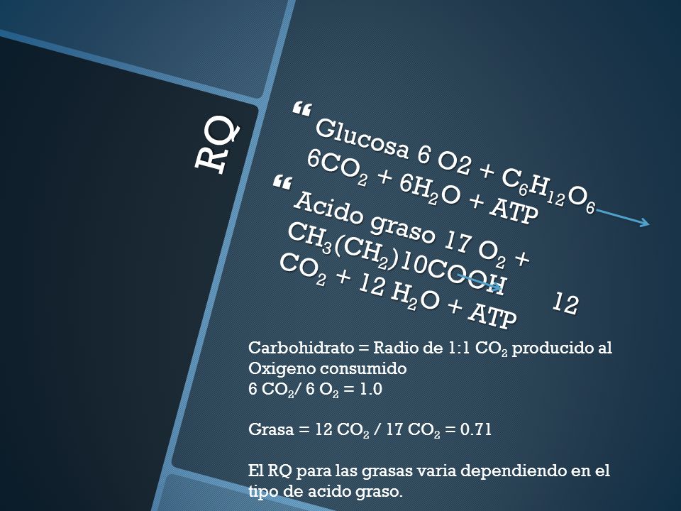RQ Glucosa 6 O2 + C6H12O6 6CO2 + 6H2O + ATP