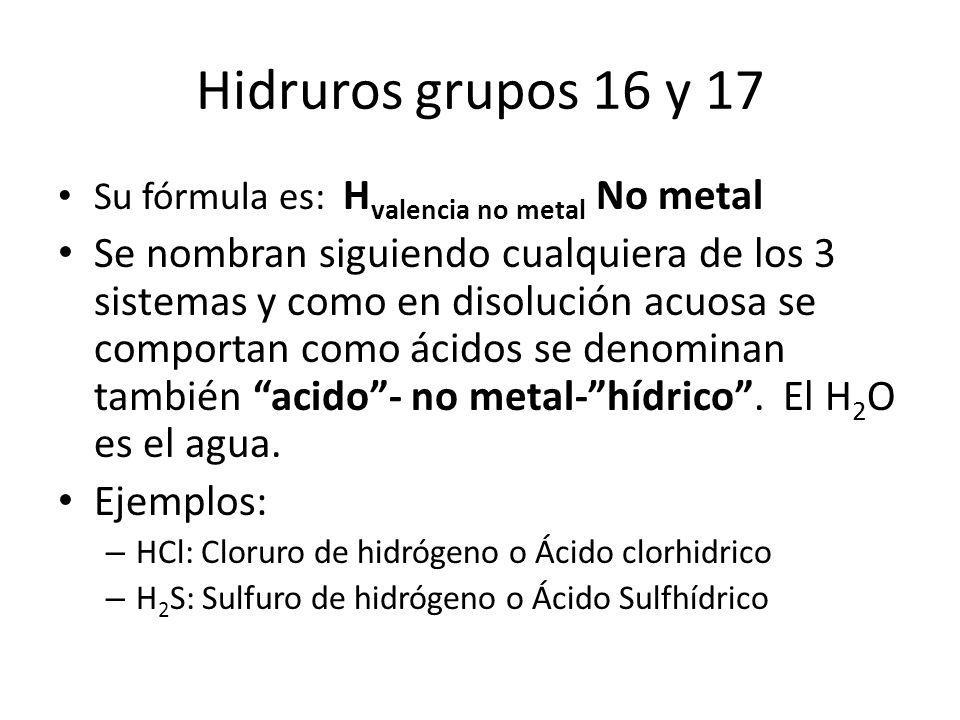 Hidruros grupos 16 y 17 Su fórmula es: Hvalencia no metal No metal.