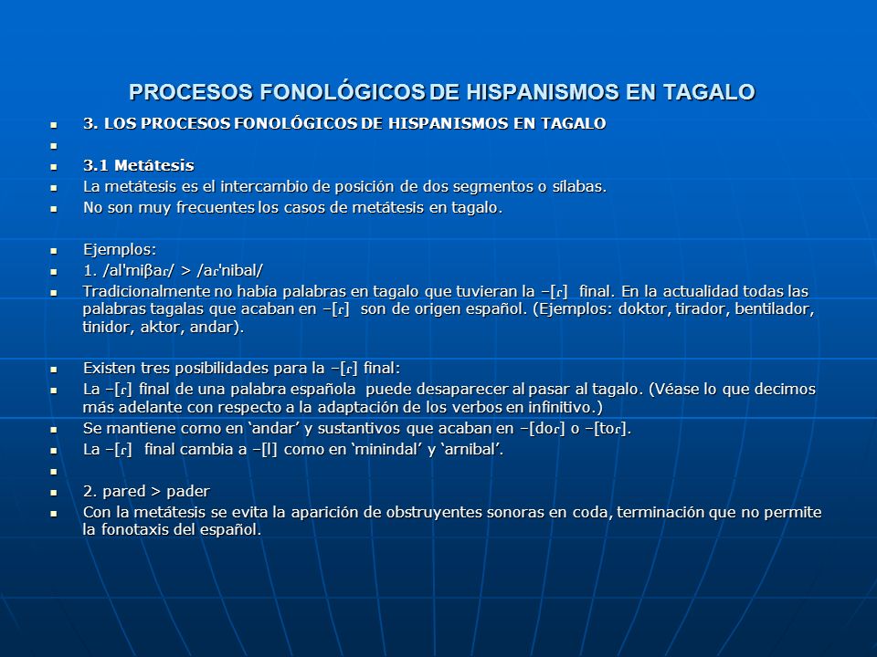 Procesos FONOLÓGICOS DE HISPANISMOS EN TAGALO