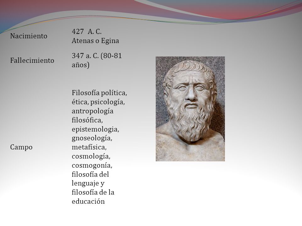 Nacimiento 427 A. C. Atenas o Egina. Fallecimiento. 347 a. C. (80-81 años) Campo.