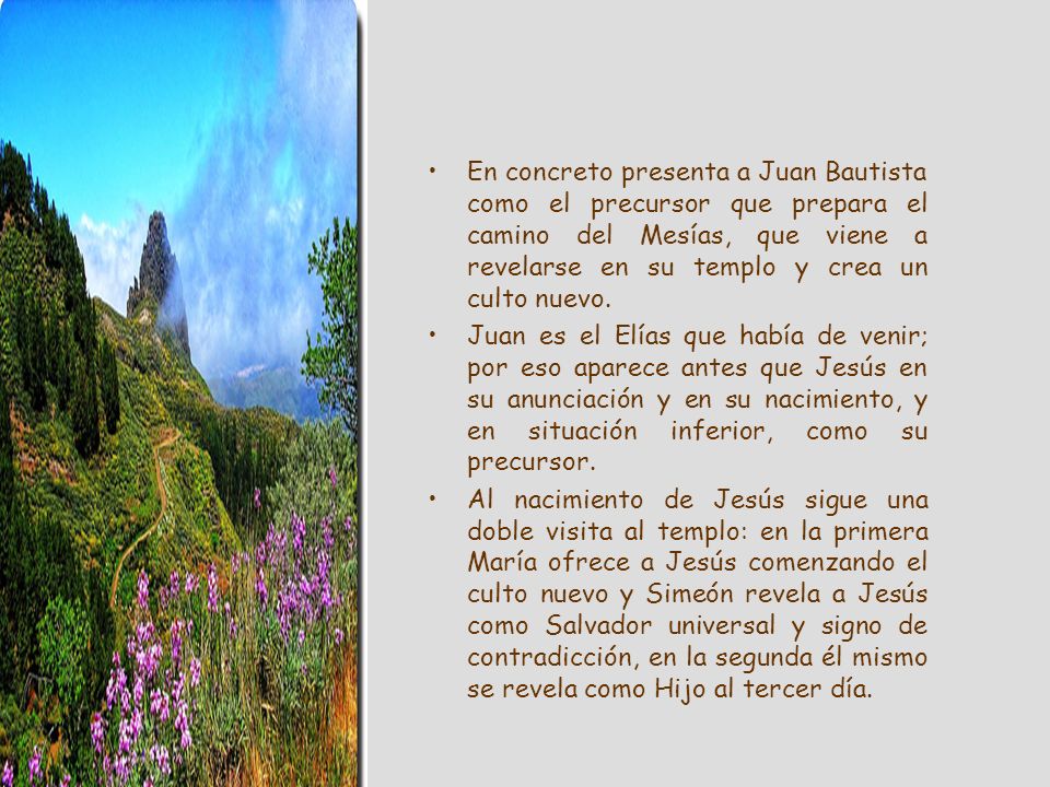 En concreto presenta a Juan Bautista como el precursor que prepara el camino del Mesías, que viene a revelarse en su templo y crea un culto nuevo.