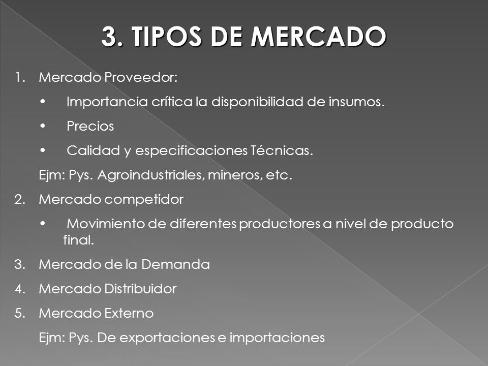 3. TIPOS DE MERCADO Mercado Proveedor: