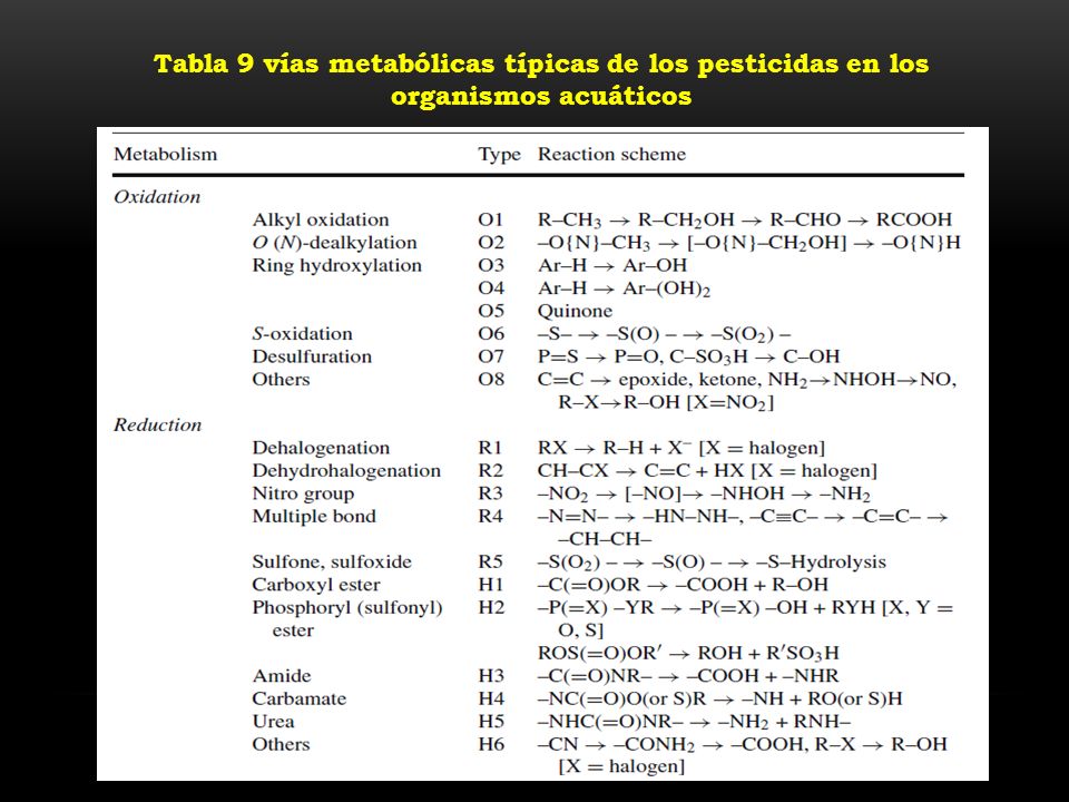 Tabla 9 vías metabólicas típicas de los pesticidas en los organismos acuáticos