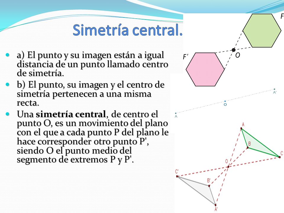 Simetría central. a) El punto y su imagen están a igual distancia de un punto llamado centro de simetría.