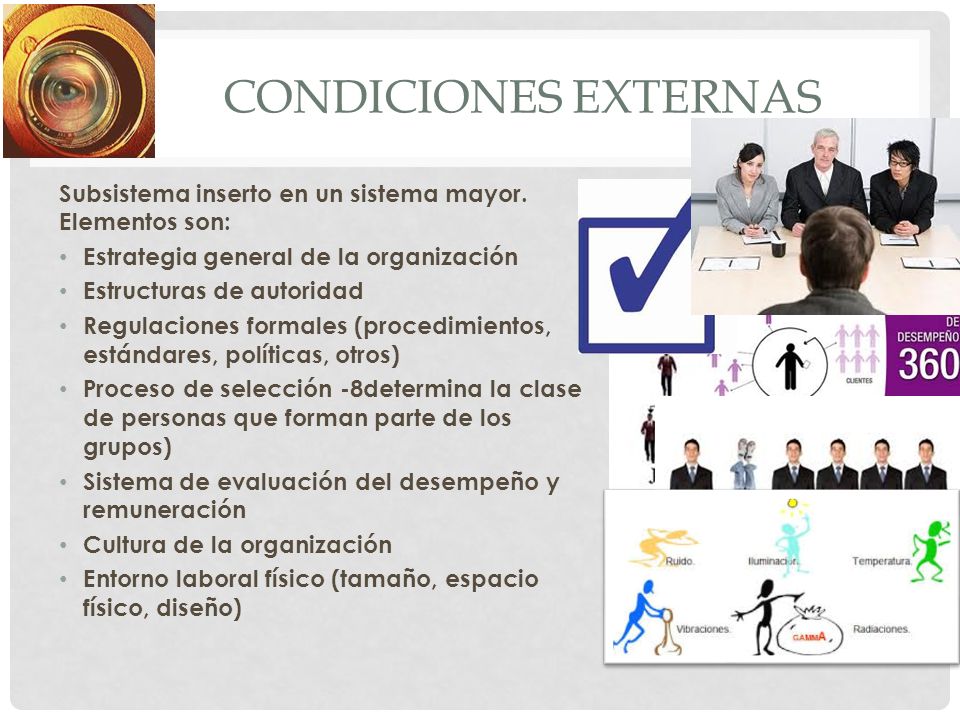 Condiciones externas Subsistema inserto en un sistema mayor. Elementos son: Estrategia general de la organización.