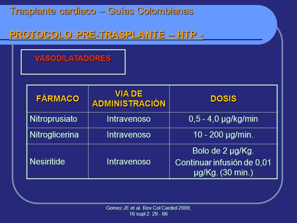 Trasplante cardiaco – Guías Colombianas PROTOCOLO PRE-TRASPLANTE – HTP -