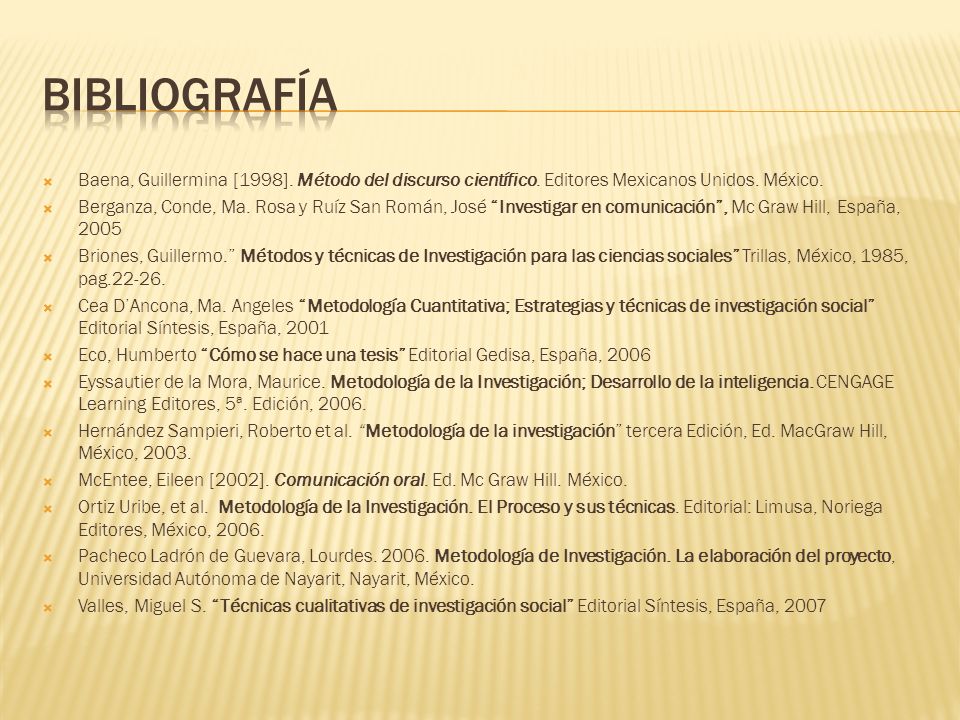 Bibliografía Baena, Guillermina [1998]. Método del discurso científico. Editores Mexicanos Unidos. México.