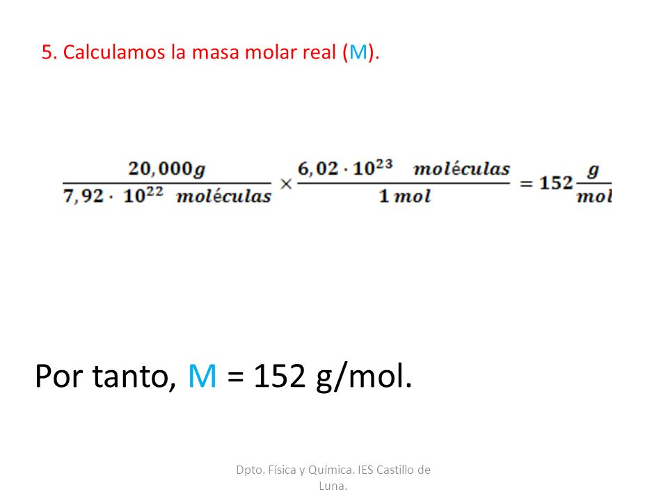 5. Calculamos la masa molar real (M).