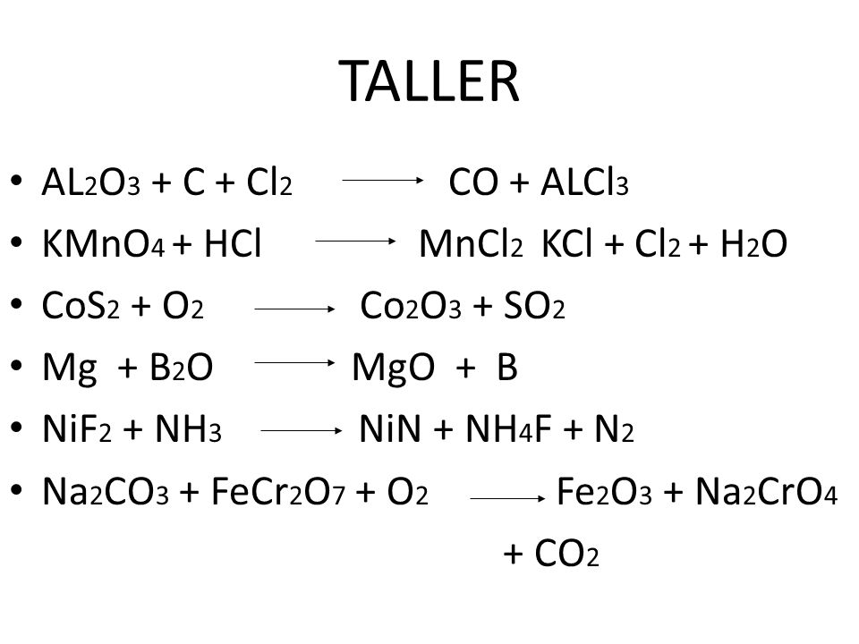 TALLER AL2O3 + C + Cl2 CO + ALCl3 KMnO4 + HCl MnCl2 KCl + Cl2 + H2O