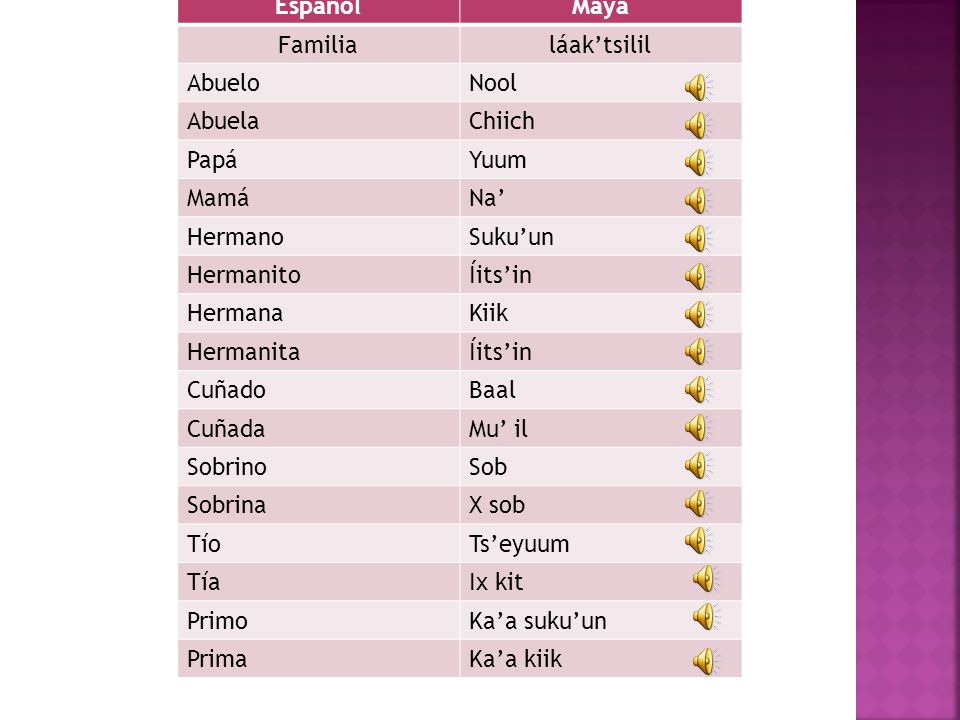 Español Maya. Familia. láak’tsilil. Abuelo. Nool. Abuela. Chiich. Papá. Yuum. Mamá. Na’ Hermano.