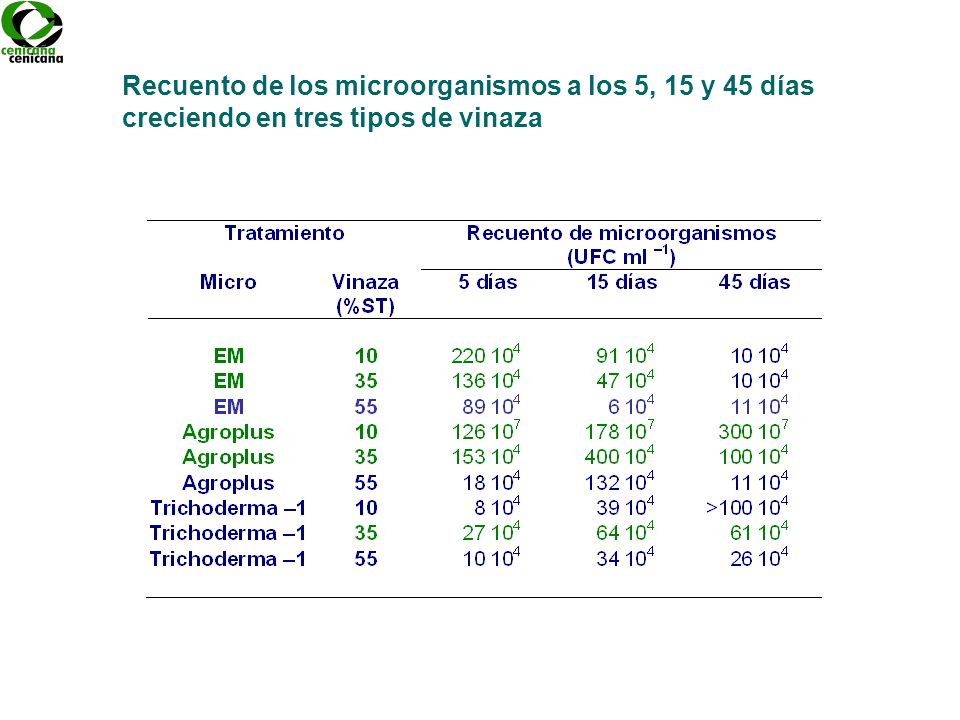 Recuento de los microorganismos a los 5, 15 y 45 días creciendo en tres tipos de vinaza