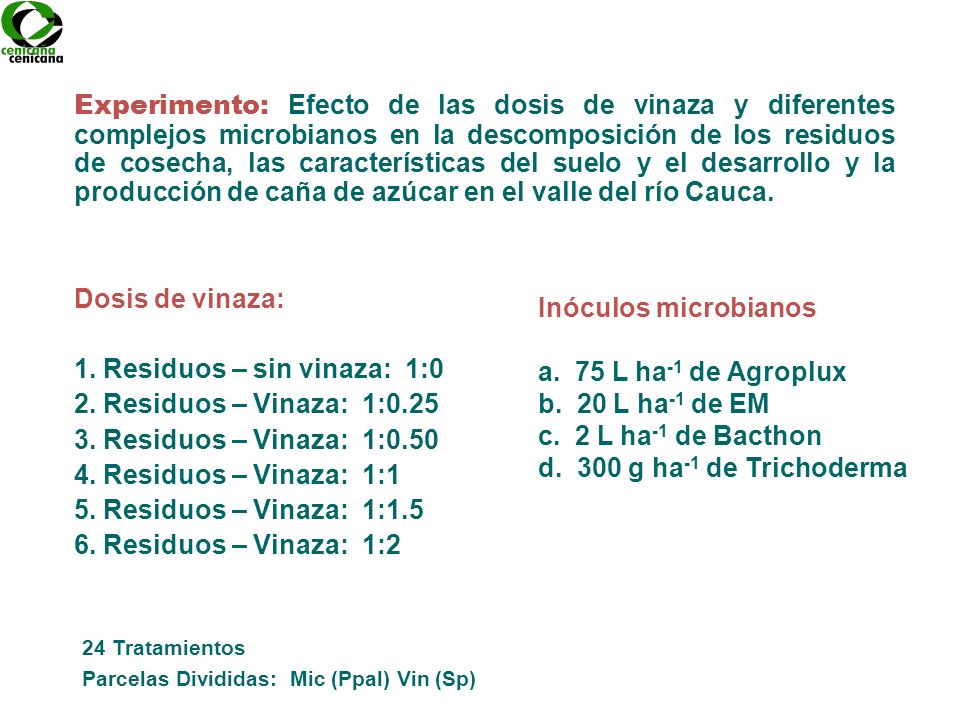 1. Residuos – sin vinaza: 1:0 2. Residuos – Vinaza: 1:0.25