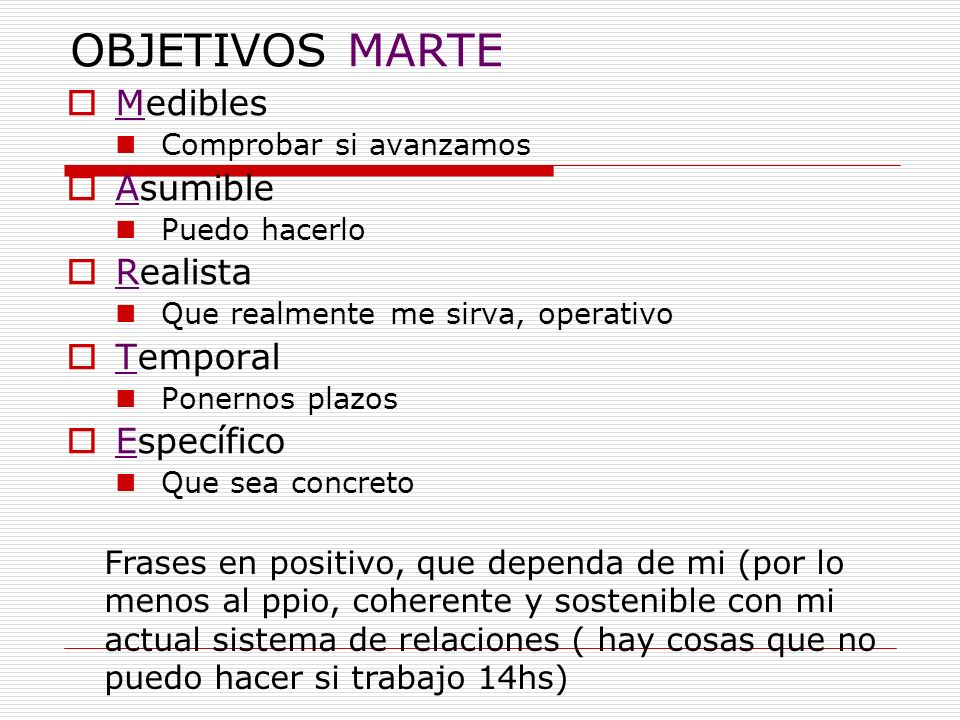 OBJETIVOS MARTE Medibles Asumible Realista Temporal Específico