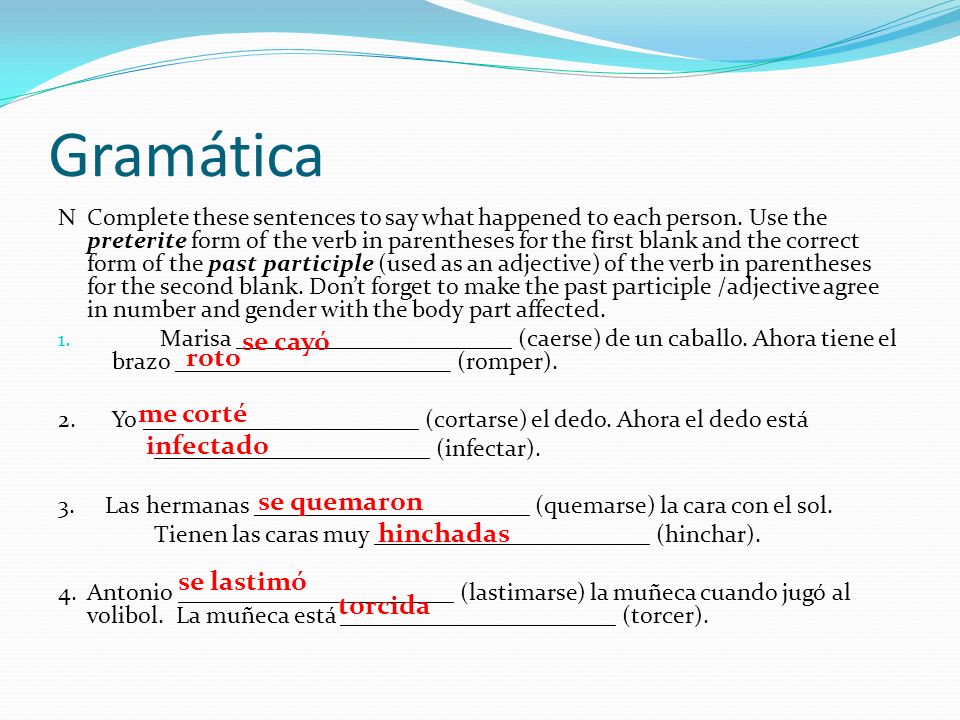 Gramática se cayó roto me corté infectado se quemaron hinchadas
