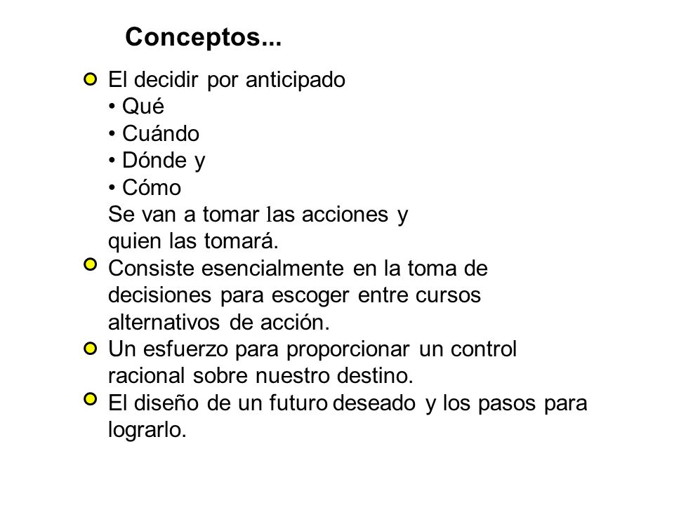 Conceptos... El decidir por anticipado Qué Cuándo Dónde y Cómo