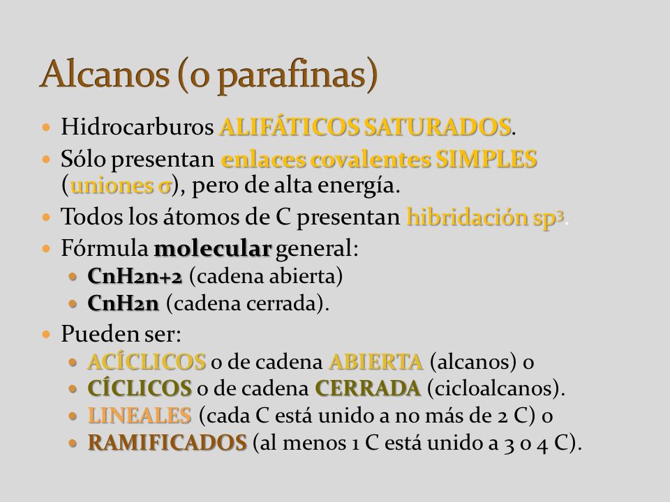 Alcanos (o parafinas) Hidrocarburos ALIFÁTICOS SATURADOS.