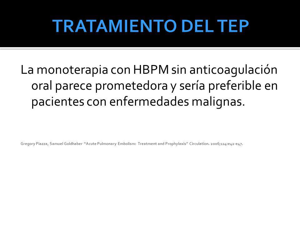 TRATAMIENTO DEL TEP La monoterapia con HBPM sin anticoagulación oral parece prometedora y sería preferible en pacientes con enfermedades malignas.
