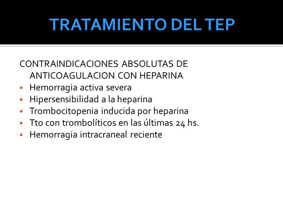 TRATAMIENTO DEL TEP CONTRAINDICACIONES ABSOLUTAS DE ANTICOAGULACION CON HEPARINA. Hemorragia activa severa.