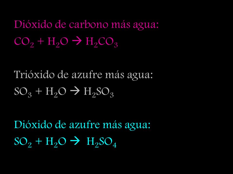 Dióxido de carbono más agua: CO2 + H2O  H2CO3 Trióxido de azufre más agua: SO3 + H2O  H2SO3 Dióxido de azufre más agua: SO2 + H2O  H2SO4