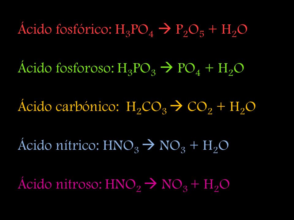 Ácido fosfórico: H3PO4  P2O5 + H2O
