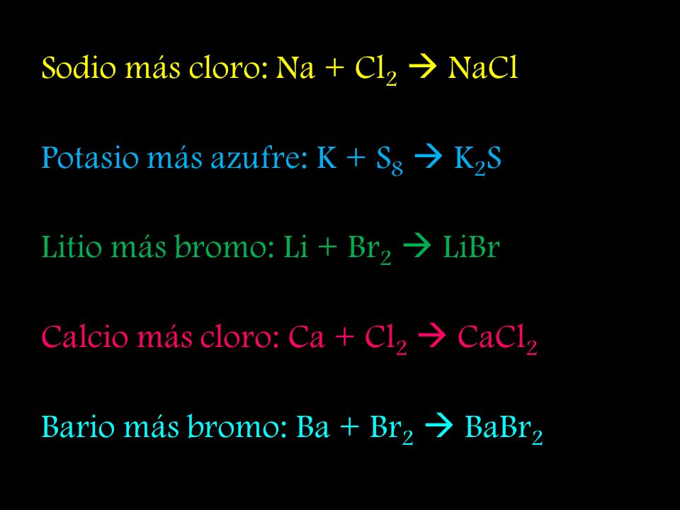 Sodio más cloro: Na + Cl2  NaCl